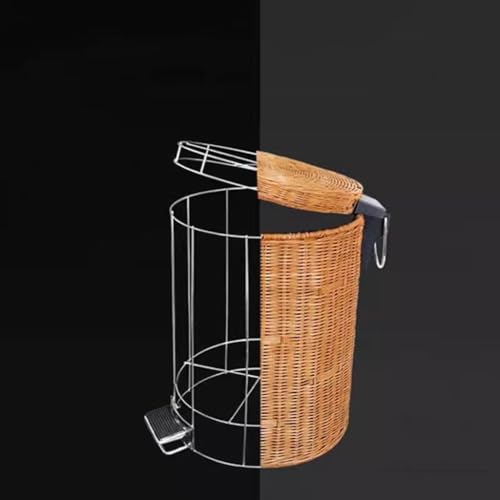 Cubo de basura redondo de mimbre con tapa de 8L y cubo plástico extraíble 3