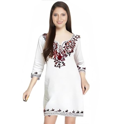 Image of Ukal Hand Embroidered Summer Fashion Chikankari Cotton Short Top Tunic Kurti for Women & Girl's