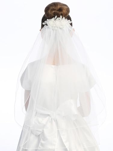 Swea Pea & Lilli Girls First Communion Veil - White Holy 1st Communion Headpiece with Comb, Organza Flowers with Rhinestone, Pearls, and Crystals3