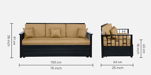 Image of Ubpon 3 Seater Metal Sofa Cum Bed with Hydraulic Storage | Single Size Sofa Cuma Bed | 3 Seater Sofa Set, Metal Sofa Set for Living Room (Matte Black Finish with Light Brown Cushion)
