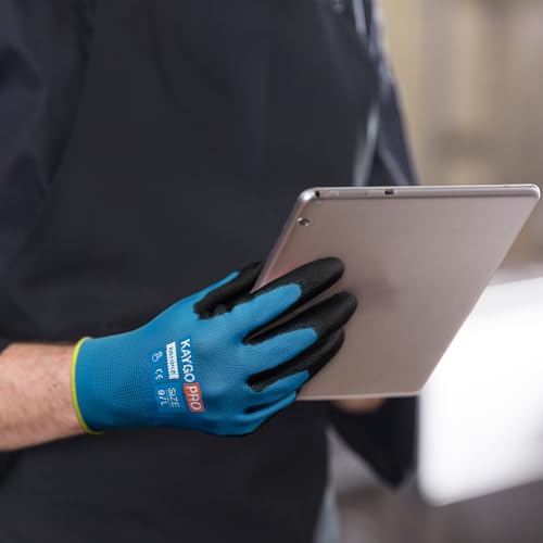 Image of Work Gloves PU Coated for Men and Women, 12 Pairs Safety Work Gloves with Two Fingers Touchscreen, Breathable and Lightweight,Ideal for Light Warehouse, Manufacturing, Gardening, KG11P (L, Blue)