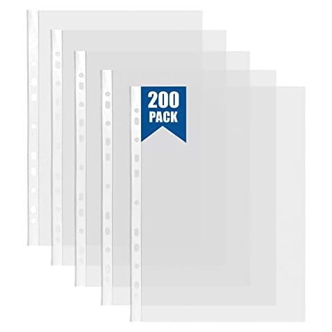 200 Pcs Punched Pockets A4 Clear 60 Micron Strong Plastic Wallet Sleeves, Top Opening Poly Pockets for Ring Binder Folders Cover