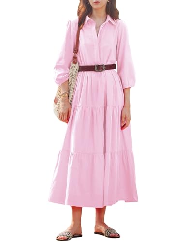 Image of Women Button Down Maxi Shirt Dress Long Sleeve Flowy Tiered Collared Dresses with Pockets