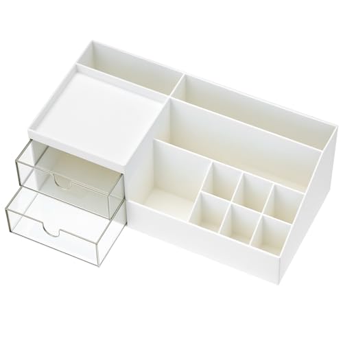 QWORK® Organizador de Maquillaje Multifuncional con 2 Cajones, Almacenamiento de Cosméticos para Tocador, Sin Ensamblaje Necesario (Blanco)