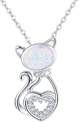 Waysles Cat Necklace 925 Sterling Silver Inset With Opal Pendant Cute Animal Cubic Zirconia Jewellery Gifts for Women Girls