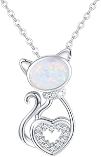 Waysles Cat Necklace 925 Sterling Silver Inset With Opal Pendant Cute Animal Cubic Zirconia Jewellery Gifts for Women Girls