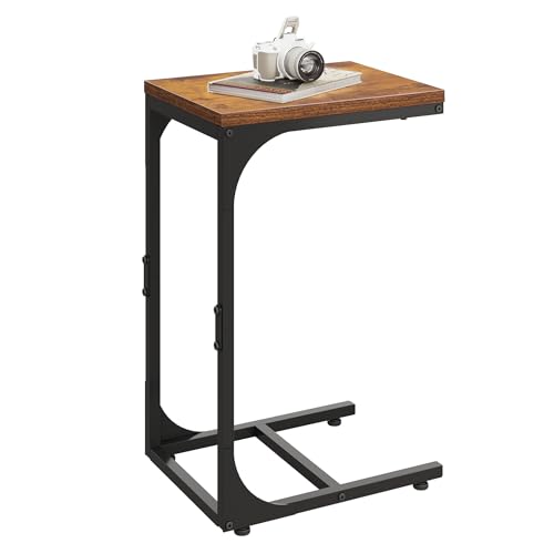 WLIVE C Shaped End Table, Small Couch Side Tables with Metal Frame That Slide Under, Sofa Table TV Tray for Living Room, Bedroom, Rustic Brown