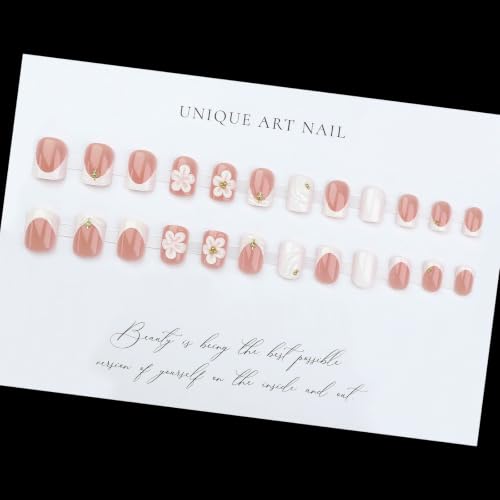 Image of White Press on Nails Short Square fake Nails 3D Flower Nail Press ons 24Pcs | White French Tip False Nail with Star Design Glossy Full Cover Stick on Nail for Women Daily Manicure,Easy Apply,Reusable