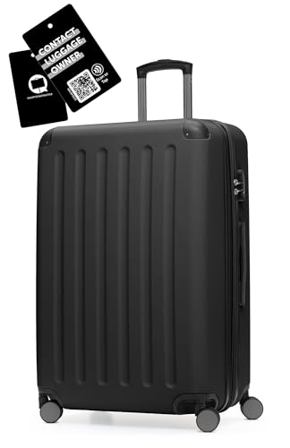 Hauptstadtkoffer Spree - Großer Hartschalen-Koffer + Digitaler Kofferanhänger, TSA, 4 Doppel-Rollen, Trolley, Rollkoffer, Reisekoffer, Volumenerweiterung, 75 cm, 119 Liter, Schwarz
