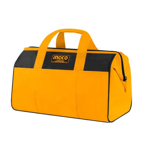 Image of INGCO 16 Inch Tool Bag, 15kg Max Load, Tool Storage Bag with Wide Mouth Multi-use Tool Tote Bag With 6 Pockets Outside and 8 Pockets Inside, Waterproof for Construction Carpentry Gardening