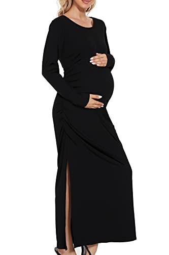 Smallshow Women'S Split Maternity Dress Long Sleeve Ruched Pregnancy Clothes Medium Black thumb #3