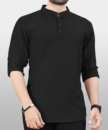 Image of DEEMOON Men's Regular Fit Solid Sprad Collar Casual Shirt with a Trendy Mandarin Collar Crafted from a Premium Cotton Blend