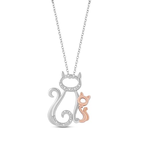 Jewelili 10K Rose Gold and Sterling Silver Natural White Round Diamonds Cat Pendant Necklace, 18