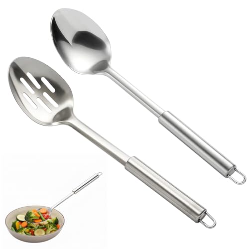 Slotted Spoon and Serving Spoon Set, Stainless Steel Cooking Spoons for Mixing and Serving, Dishwasher Safe Kitchen Utensils, 32 Cm Long Handle Gifts for Home