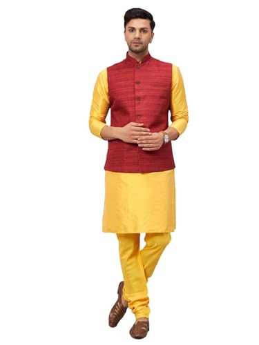 Image of VM Men's Silk Blend Jacket, Kurta and Pyjama Set (VMMJ121MAnK001CRnPCR Yellow 40)
