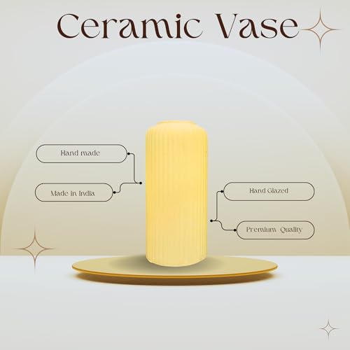 Image of KREATIVE ART'S Modern Ribbed Design Ceramic Flower Vase for Living Room, Flower Pots for Artificial Flower, Home Decoration Item, Home Decor, Vases for Living Room (Yellow, Small)