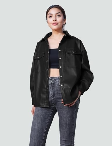 SeekMe Women's PU Leather Jacket Shacket Button Down Lapel Blazer Coat with Bust Pocket2