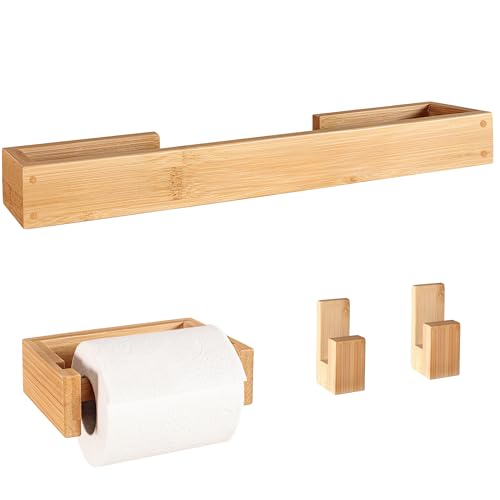 danhol® Juego Accesorios baño | Accesorios baño sin Taladro (Adhesivo) | Set de baño de 4 Piezas | Toallero + 2 Ganchos + Portarrollos Papel higienico Madera Bambú