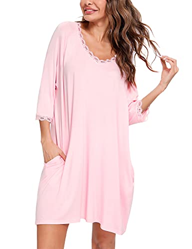 Uniexcosm-Nachthemd-Damen-Baumwolle-Nachtkleid-mit-Spitze-Trim-V-Ausschnitt-Nachtwaesche-Laessige-34-Aermel-Sleepwear-Freizeitkleid