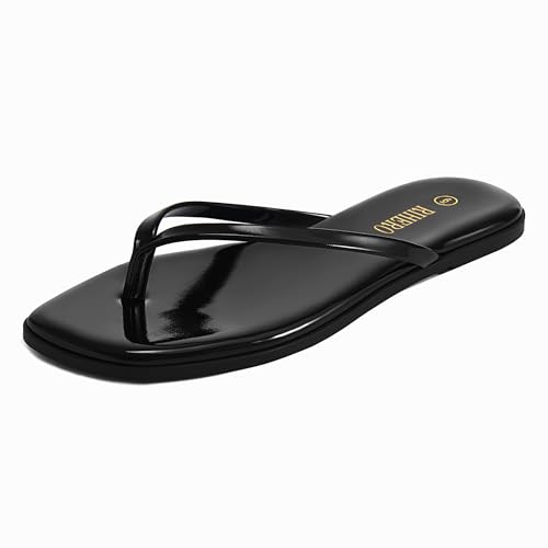 Image of Rihero Flip Flops for Women Comfortable Square Toe Beach Sandals Slip On Leather Thong Flat Sandals Dressy