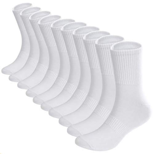 HOERCKC 10 Pairs Crew Athletic Socks for Women Moisture Wicking Cushion Crew Socks for Sport Running Traveling (US, Alpha, One Size, Regular, Regular, 10 Pairs-White)