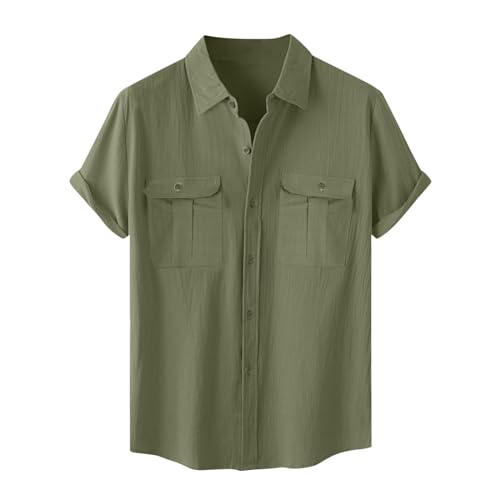 Dmmtot Camisas de lino para hombre, camisas de lino con botones del Reino Unido, blusa de manga corta, elegante, casual, camisas hawaianas, camisetas ligeras con dos bolsillos en el pecho, camisas