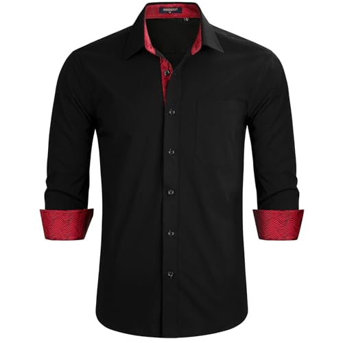 HISDERN Camisas Manga Larga Hombre Camisas Casual Botones Camisa Formal Regular Fit Camisas Shirt Negro Rojo-s M