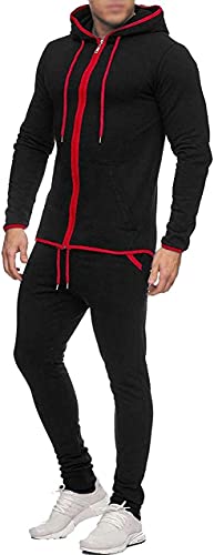 Conjunto de chándal de manga completa para niños y niñas, con capucha, con cremallera, para correr, 7 a 13 años, negro/rojo, 11-12 Años Cover