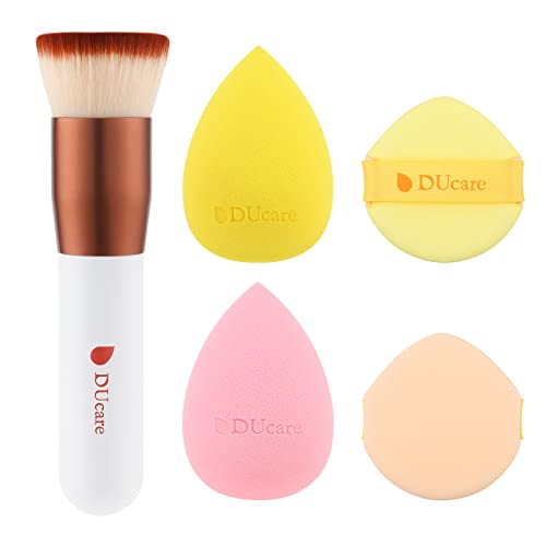DUcare 4Pcs & 1Pc Makeup Sponges Foundation Brushes Ideal For Flawless Finish, Non-latex Makeup Beauty Blenders Powder Puffs Kabuki Flat Top Face Brush