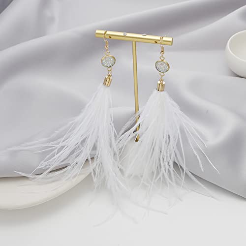Ruoffeta Long Feather Earrings For Women, Bohemian Elegant Delicate Faux Druzy Charms Dangle Earrings(White) #TOP1