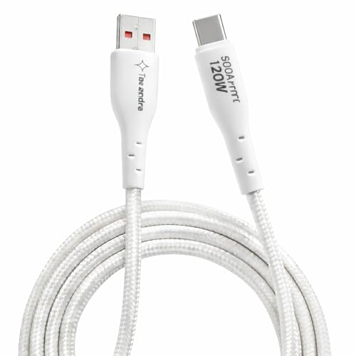Image of USB Type-A to Type-C Fast Charging Cable, 120W SuperVOOC, Nylon Braided, 2 Meters, White (1, 200, Centimeters)