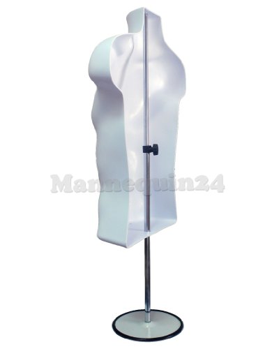 Male Mannequin Torso With Stand Dress Form Tshirt Display Countertop Hollow Back Body With Metal Pole & Hanging Hook S-M Clothing Sizes White #TOP2