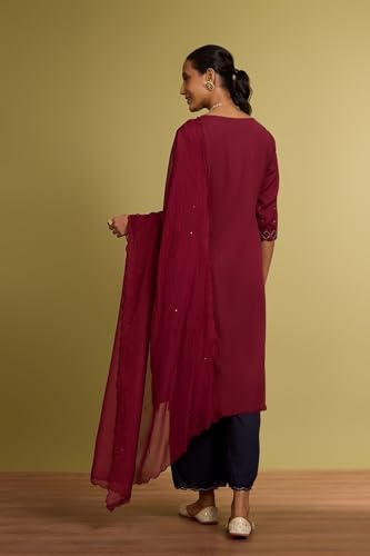 Image of Taneira Women Viscose Embroidered Maroon Kurta Set