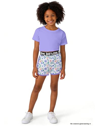 Image of Betusline Girls Summer 2 Piece Outfits,Kids Short Sleeve Crop Top & Shorts Set with Side Pockets