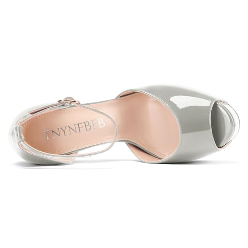 Image of TNYNFBEB Womens Stiletto High Platform Heel Peep Open Toe Sandals Ankle Strap Buckle Prom Party Dress Patent Leather 6.1 Inches Heels