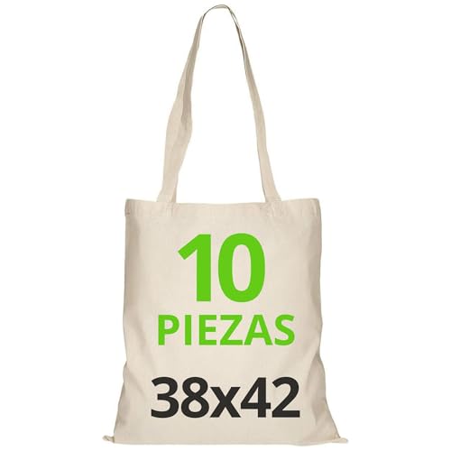 URBAN 5884 Bolsa de Algodón 38X42 cm, Paquete Sin Impresión, Asa Larga, Tejido Resistente, Bolsas de la compra reutilizables para imprimir o pintar, Natural, 10