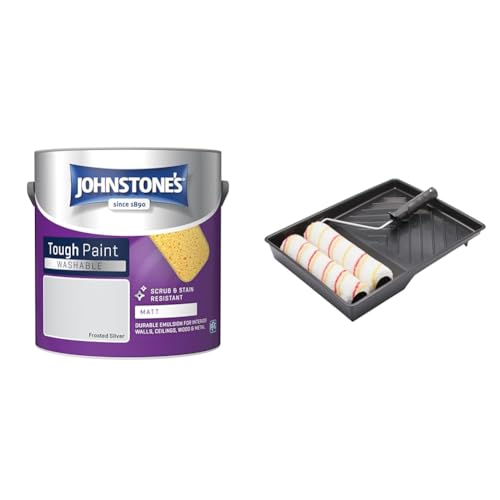 Johnstone's - Washable Paint - Frosted Silver - Matt Finish - Emulsion Paint & Fit For The Job 4 piece 9 inch Twin Paint Roller Set for DIY Painting with Emulsion Paints on Walls & Ceilings