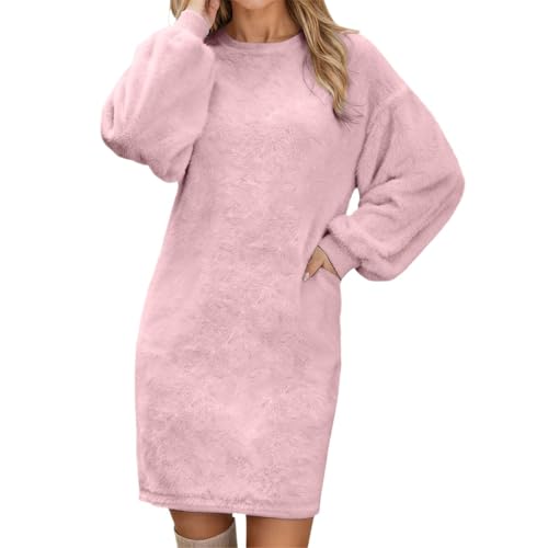 herbstkleid damen lang curvy Pulloverkleid Oversize Flanell Winterkleider Fleece Weich Kleider Winter Warme Langarm Kleid Rundhals Knielang...