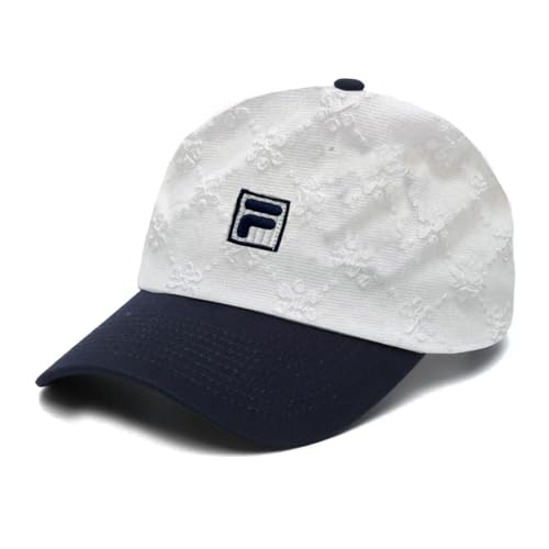 Casquette Fila ajustable anti-compression, coupe slouch souple blanche et marine