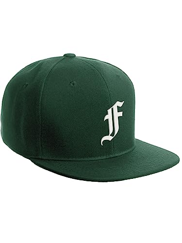 Daxton Classic Snapback Hat Old English Font Alphabet A to Z Flat Bill Visor Cap, Dark Green Hat, White F