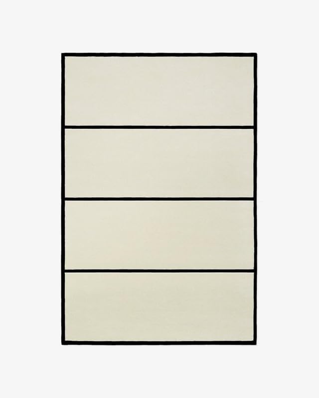 Minimalist Cream White Black Line Area Rug 8x11 ft (96x132 inches), Handmade Tufted Wool Carpet Modern Simple Stripe Design Soft Plush Living Room Bedroom Contemporary Floor Rug