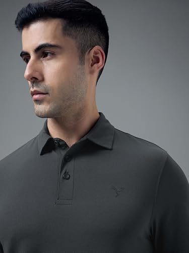 Image of TECHNOSPORT Men's Solid Slim Fit Polo Collar T-Shirt COTFLEX Half Sleeve Button Polyester for Gym Running Workout UPF50+ Anti Odour