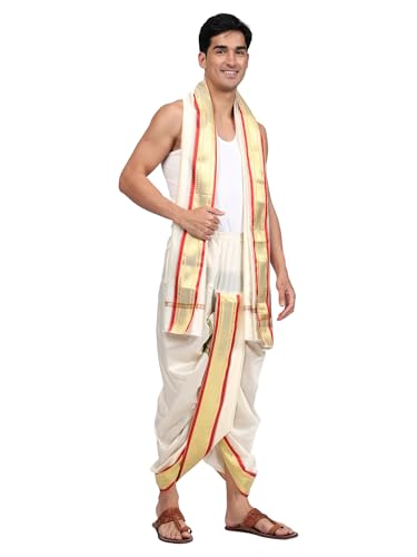 Image of Rameshwaram Fabrics Mens Ready to Wear Silk Dhoti with Angwastra Set - Pocket Dhothi