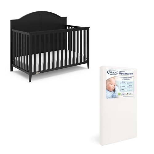 Image of Graco Wilfred Crib and Mattress Nursery Essentials Pack (Black) – GREENGUARD Gold Certified Baby Crib & Crib Mattress, Cribs with Mattress Included, Convertible Crib, Baby Mattresses for Crib