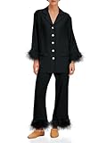 Tankaneo Womens Feather trim Pajama Sets Button Down Long Sleeve Tops Wide Leg Pants Pj Set Soft Sleepwear Black