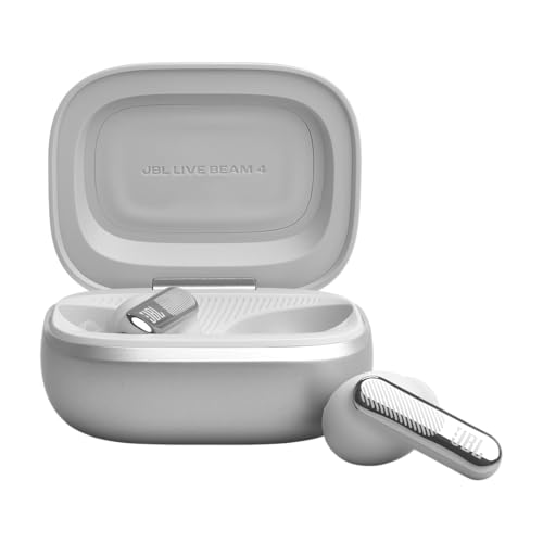 Image of JBL New Live Beam 4 TWS with Smart Charging Case, Hi-Res Audio, True Adaptive Noise Cancelling 2.0, 6-Mic Perfect Calls 2.0, Personi-Fi 3.0, BT 6.0, LE Audio,Auracast, Up to 48H Playtime, IP55, Silver