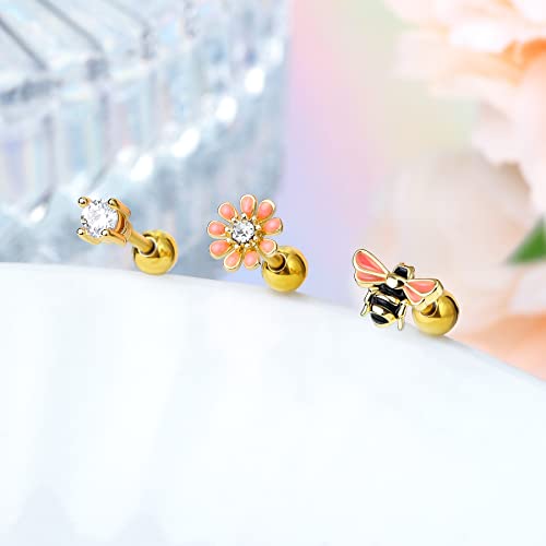 CM Crareesi Mania 3Pcs Cute Bee Cartilage Earrings Pack 316L Stainless Steel Helix Dainty Bee 16G Tragus Conch Gold Cartilage piercing jewelry Pack2