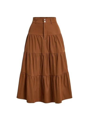 Women's Elegant Solid Color Buttoned High-Low Casual Skirt with Ruffle Hem Long Skirts