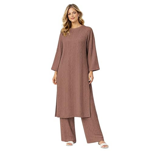 Survêtement 2 pièces en tricot torsadé janisramone pour femme pull mi-long et pantalon fendu