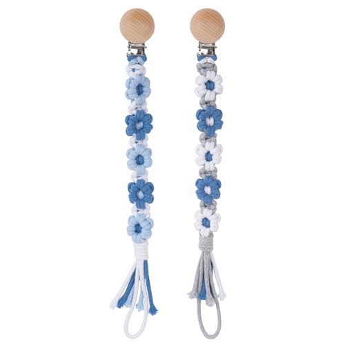 Image of Pacifier Clip for Boys Girls Floral Daisy Macrame Baby Paci Clip Pacifier Holder Leash Boho Wooden Clips Handmade Braided Cotton Binky Clips (2pack:Blue Daisy x 2)